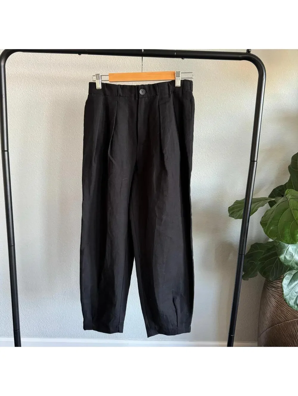 Zara NWT Black Linen Blend Carrot Fit High Waist Trousers Pants XS